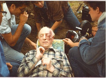 Filming Stanley's (Lawrence Elion) death scene. Pictured Michael Kevis, David Christie, Lawrence Elion, Tim Hollings, David Winning. Sept. 1983