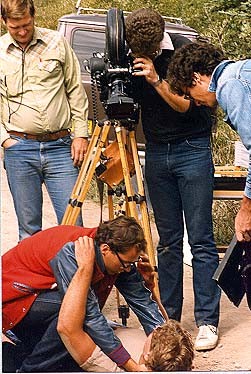 Filming Booker's death scene. From left, Tim Hollings, David Winning, Michael Kevis. On ground, David Palffy and Thom Schioler. Storm (1987)