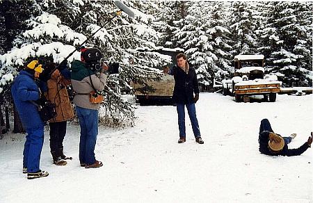 Filming new scenes for Storm. Calgary, Canada. January 1987 and minus 40. Pictured: Per Asplund, Kelly Zombor, Tim Hollings, David Winning and Stan Edmonds.
