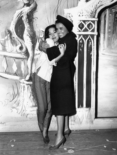 Lena Horne hugs her daughter, Gail Jones, backstage at the York Playhouse, after Miss Jones made her stage debut in the opening performance of the musical 