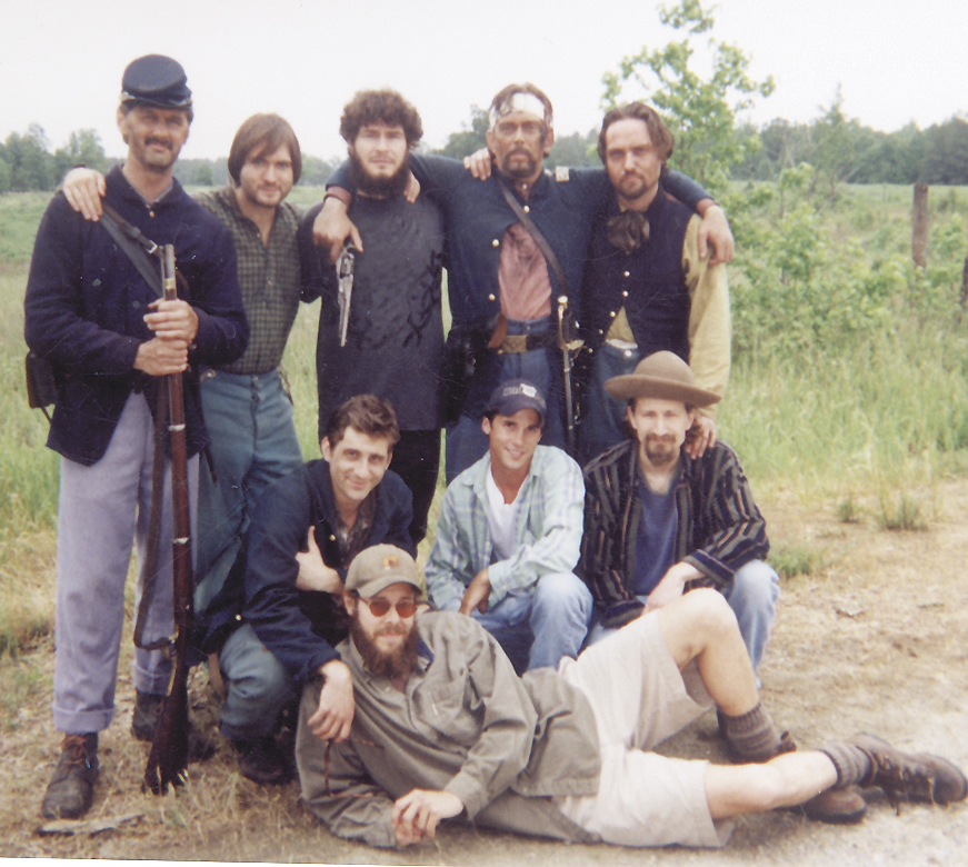 On the set of Wicked Spring, the Civil War epic, in Blackstone, Virginia. Back row, from left, actors Dean Teaster, DJ Perry, Terry Jernigan, Anthony Hornus, Bradley Egen. Middle row, Mark Lacy, Aaron Jackson, Brian Merrick. In front, Curtis Hall.