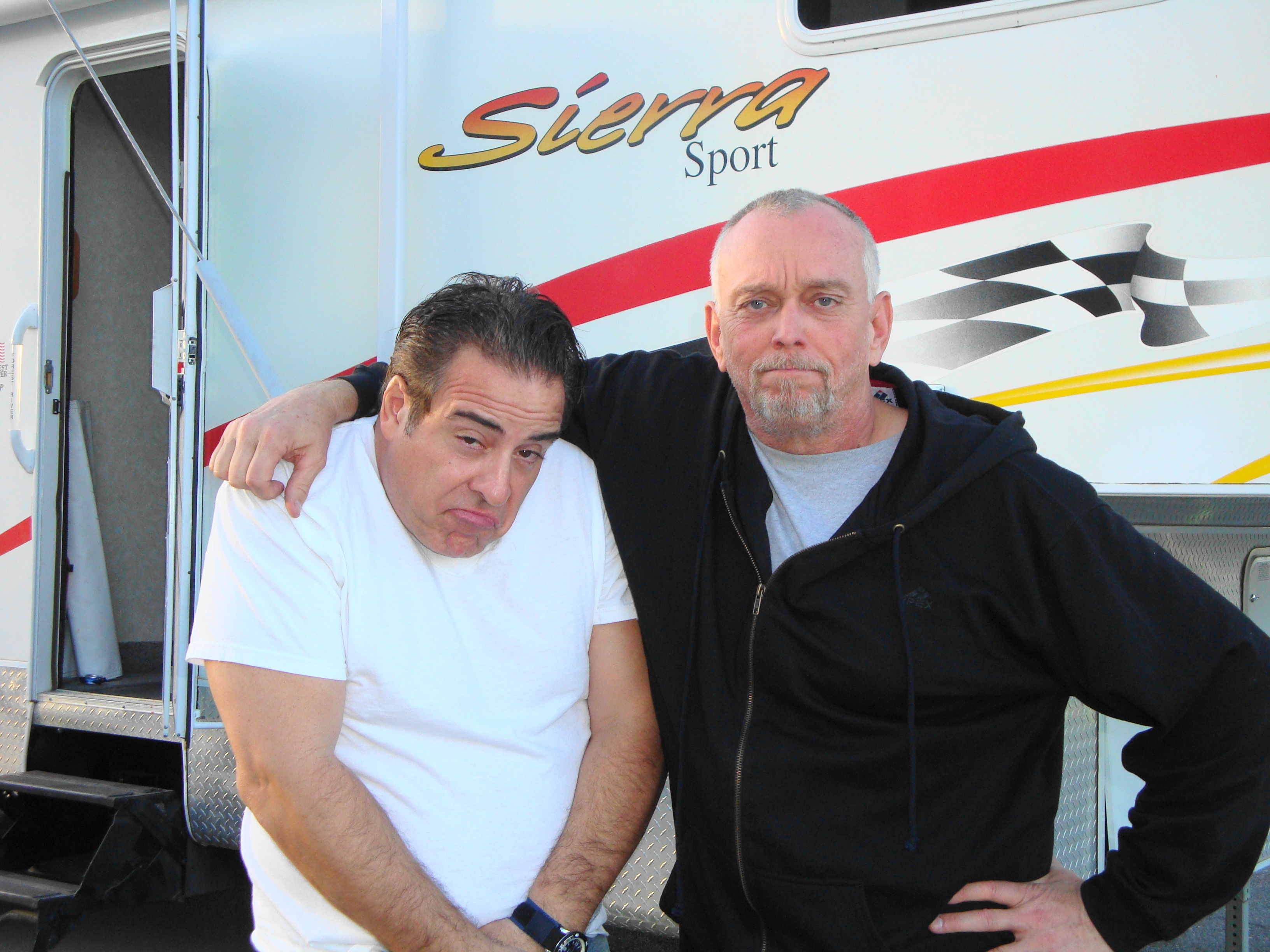 Anthony Hornus (right) with actor Dean Mauro (CSI: Crime Scene Investigation, Entourage), doing his impression of The Sopranos Silvio (Steven Van Zandt) on the set of Renovation in Yuma, Ariz.