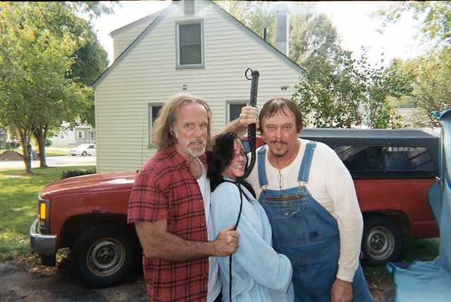David Fine, left (Pursuit of Happyness and Rent) and Anthony Hornus (Miracle at Sage Creek, Ghost Town and An Ordinary Killer) with Debbie Rachon (Fangoria) on the set of 