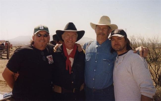 From left, actors Anthony Hornus (Renovation, Locked In a Room), Mark Rolston (Shawshank Redemption, The Departed), Brian Libby (Heat, Shawshank Redemption) and DJ Perry (An Ordinary Killer, Renovation) on the Ariz. set of Miracle at Sage Creek.