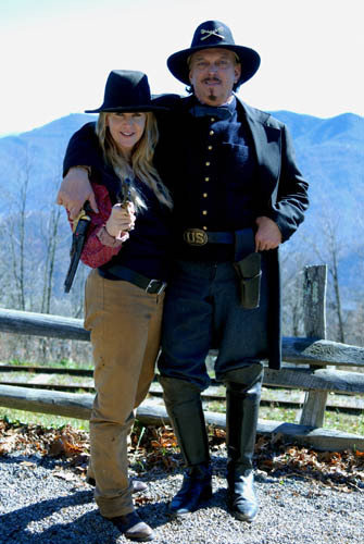 Renee O' Connor (Xena: Warrior Princess) and Anthony Hornus (Miracle at Sage Creek) mug for the camera on the Appalachian Mountain set of 