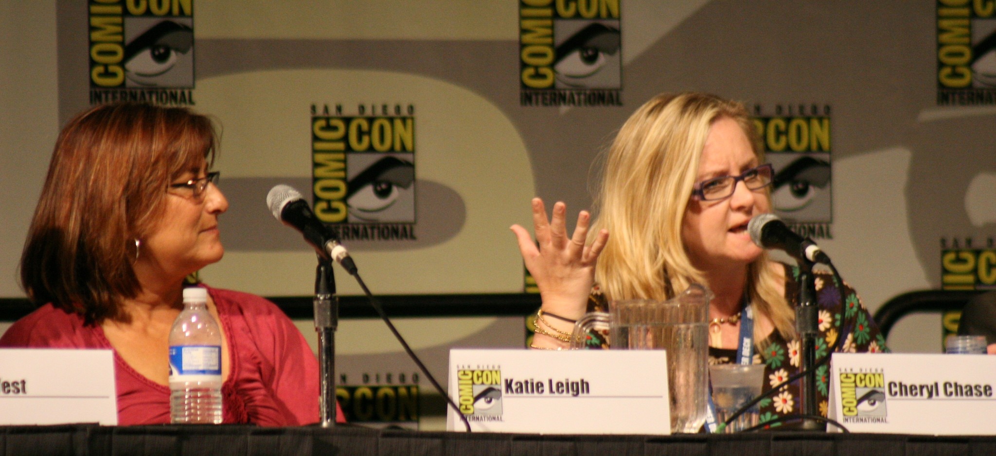 Katie Leigh looks on as Cheryl Chase introduces herself at the Cartoon Voices II panel.