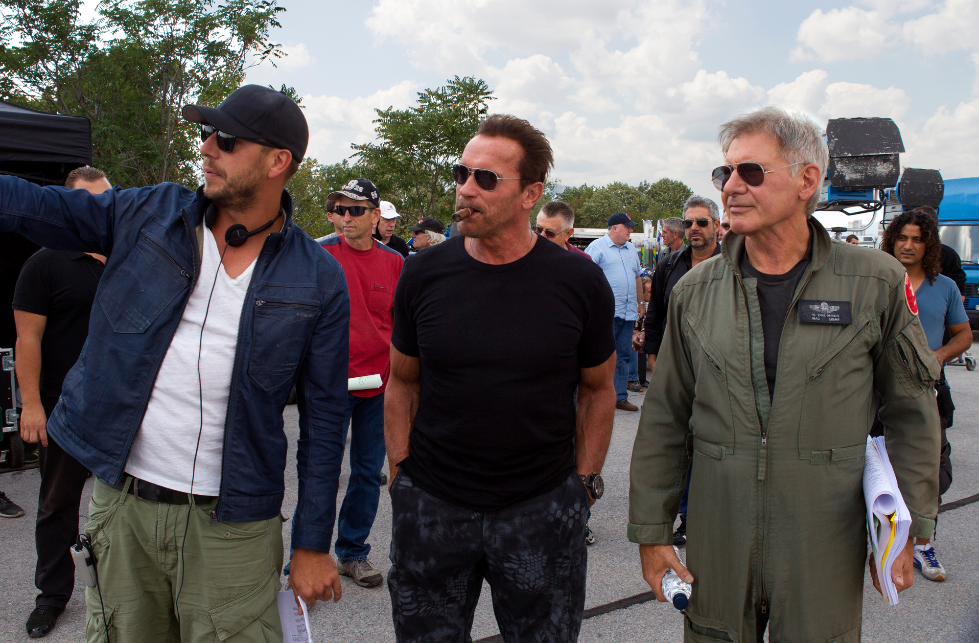 Patrick Hughes, Arnold Schwarzenegger and Harrison Ford on set of The Expendables 3.