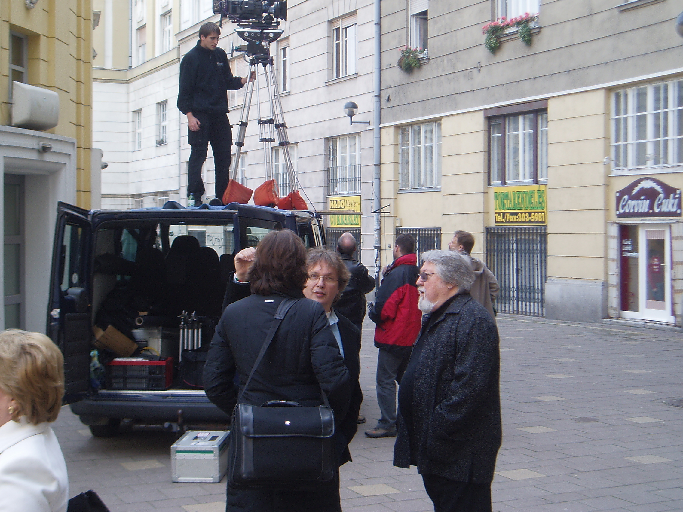 Writer-Director Endre Hules, cinematographers Laszlo Kovacs and Zoltan Honti shooting Torn From the Flag in Budapest