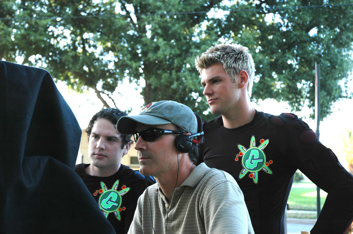 Actors James E. Foley and David Wolf review last take with director Chris Hummel on location of The Guardians (2010).