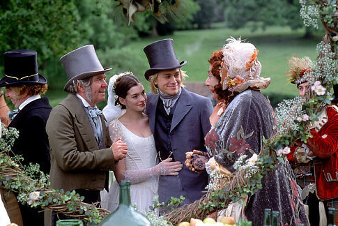 (l to r) unknown, Anne Hathaway, Charlie Hunnam and Barry Humphries (as Mrs. Crummles)