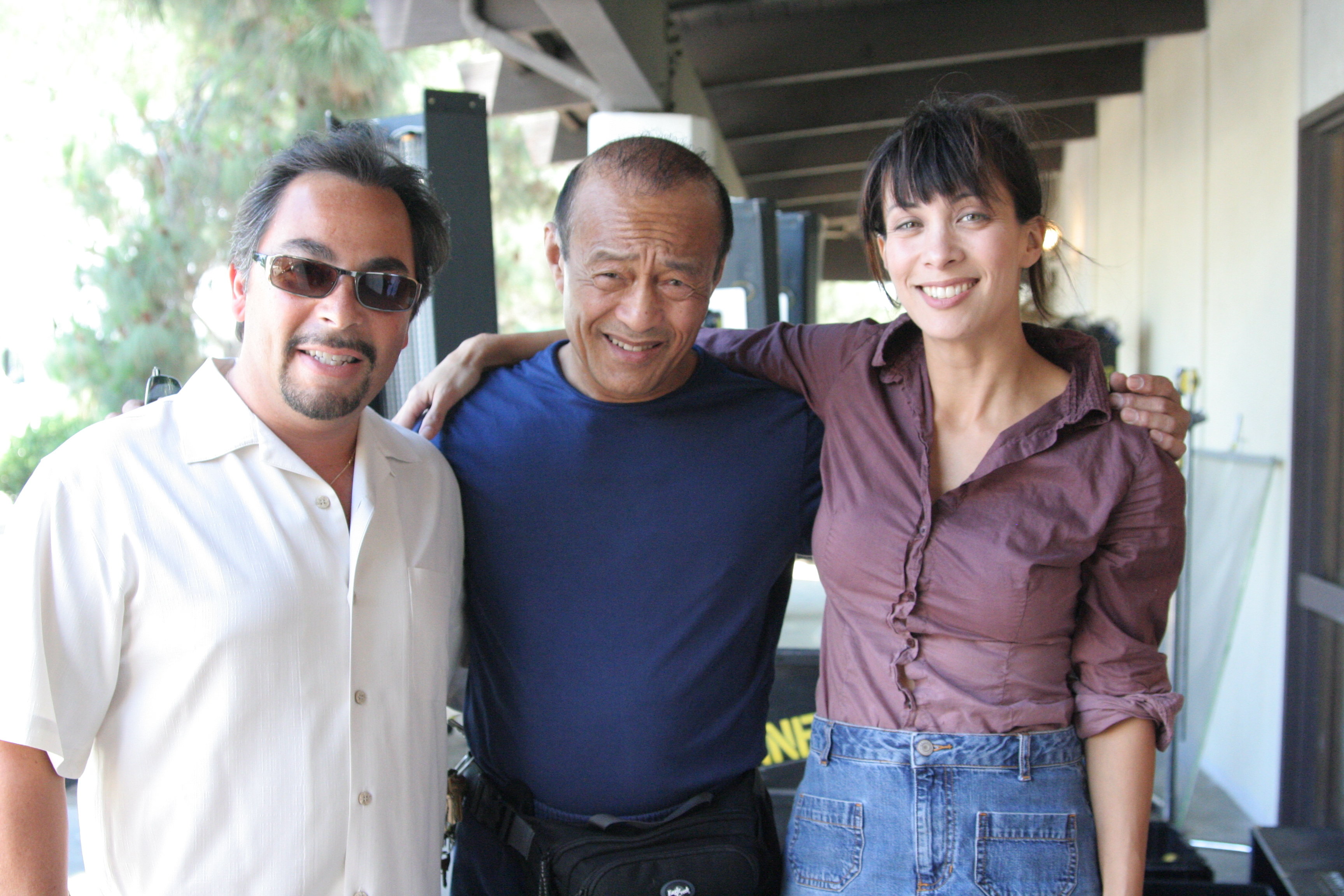 (L to R) Co-Producer, Sal Baldomar, and Dan Inosanto with his daughter, Writer-Director-Actress, D. Lee Inosanto on the set of 