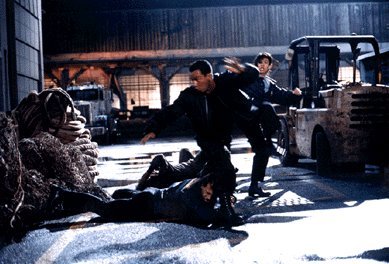 Diana Lee Inosanto, Temuera Morrison and Ron Balicki fight scene in the movie BARB WIRE.