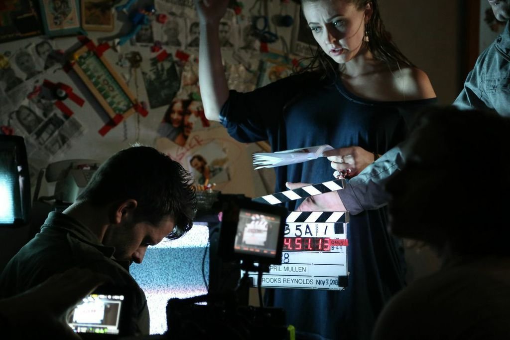 Tim Doiron and Katharine Isabelle on the set of 88.
