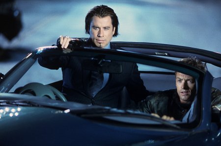 Still of John Travolta and Hugh Jackman in Swordfish (2001)