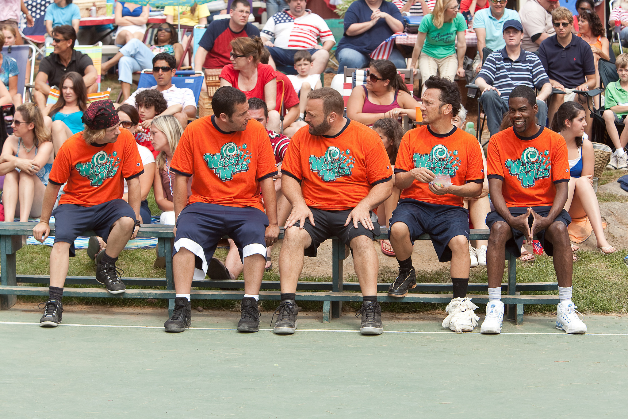 Still of Adam Sandler, Chris Rock, Rob Schneider, David Spade and Kevin James in Grown Ups (2010)