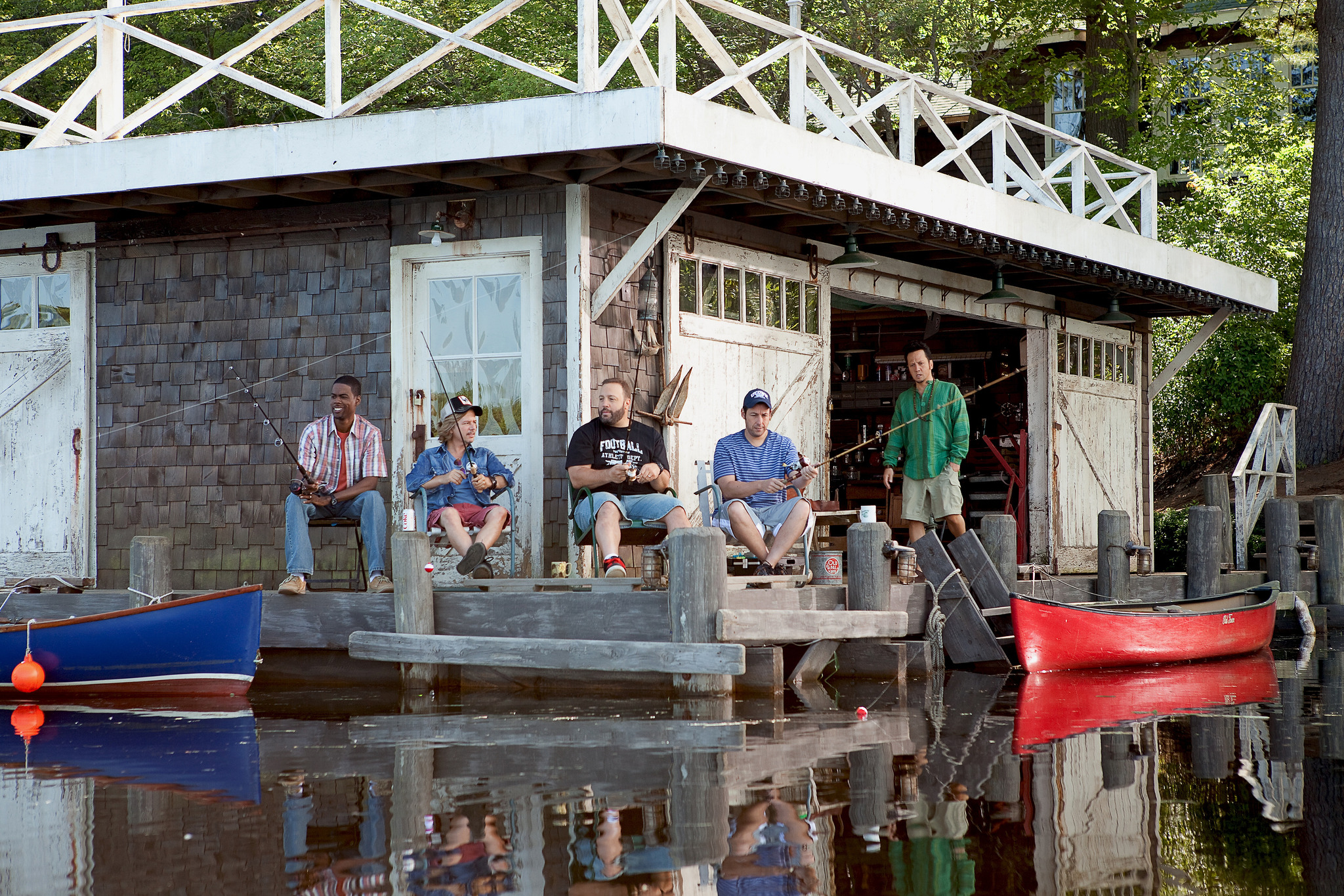 Still of Adam Sandler, Chris Rock, Rob Schneider, David Spade and Kevin James in Grown Ups (2010)