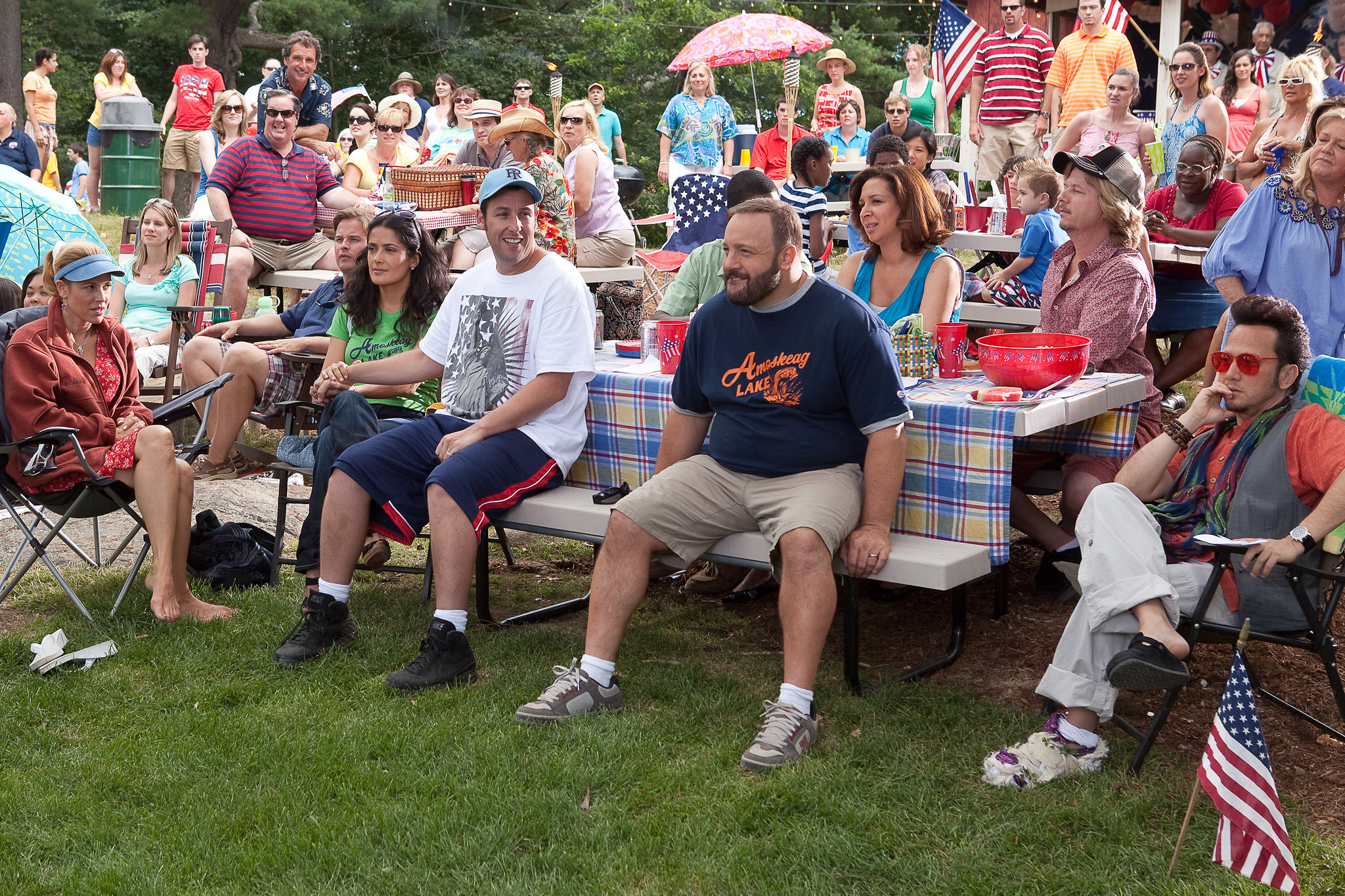 Still of Salma Hayek, Adam Sandler, Rob Schneider, Maria Bello, David Spade, Kevin James and Maya Rudolph in Grown Ups (2010)