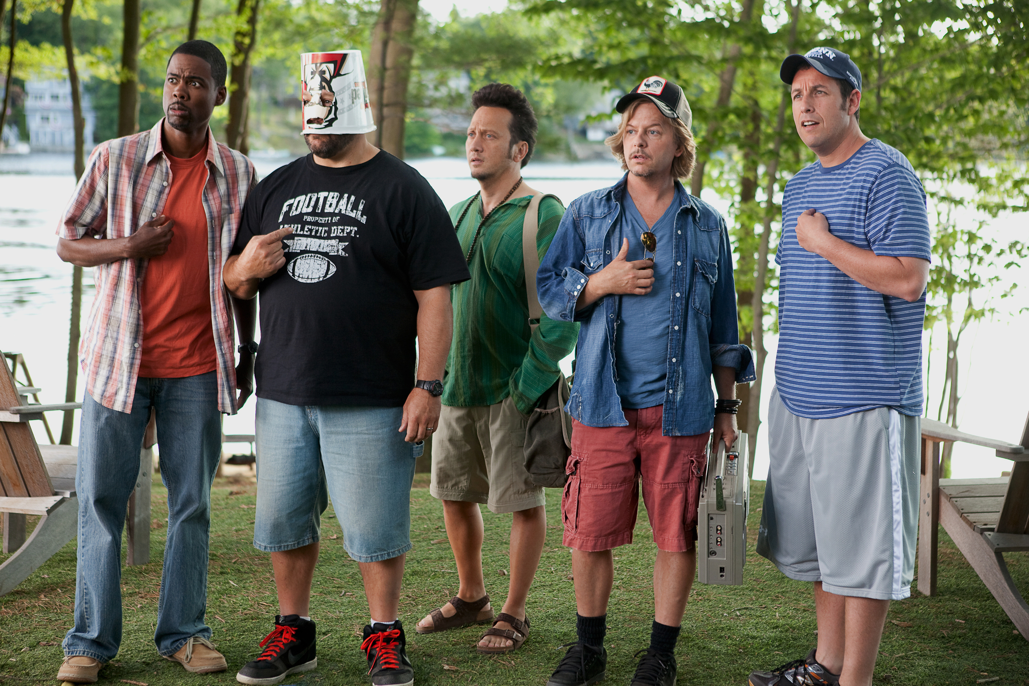 Still of Adam Sandler, Chris Rock, Rob Schneider, David Spade and Kevin James in Grown Ups (2010)