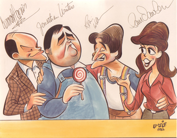 Cartoon from Mork and Mindy with Left to Right: Conrad Janis, Jonathan Winters, Robin Williams, & Pam Dawber