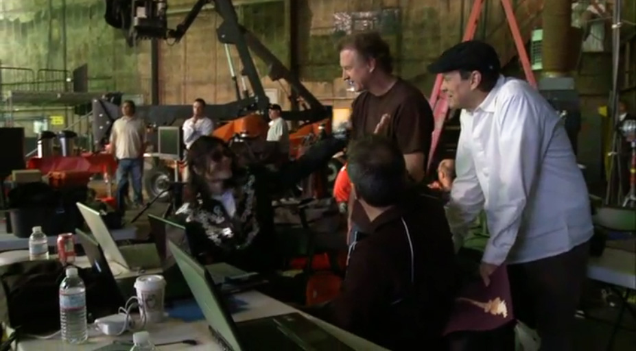 Michael Jackson, Bruce Jones, Kenny Ortega, and Michael Cotton on the set of 
