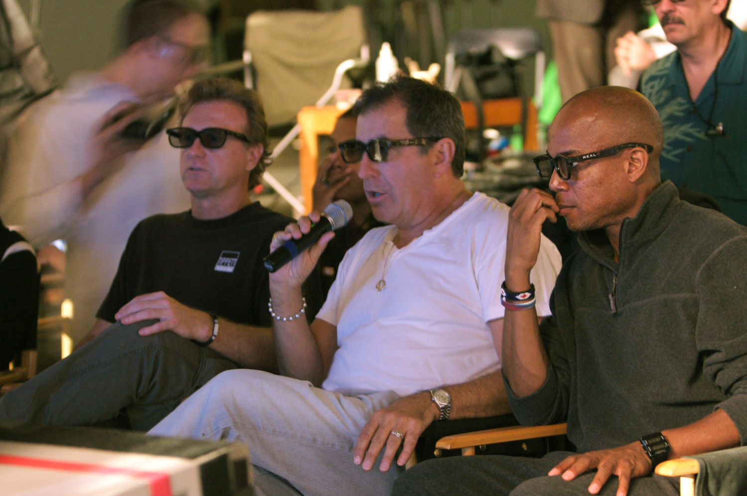 Bruce, Kenny, and Travis watching the 3D monitor as Kenny Ortega directs the choreography on 