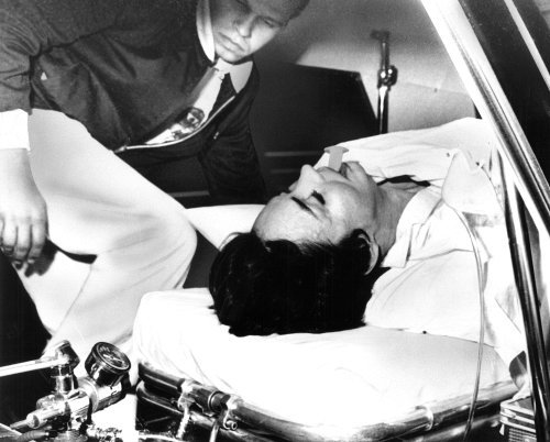 Jennifer Jones is placed in an ambulance as she was transferred from the emergency hospital November 9, 1967 to Mt. Sinai in Los Angeles. She was found unconscious in the surf at the base of a 400-foot cliff