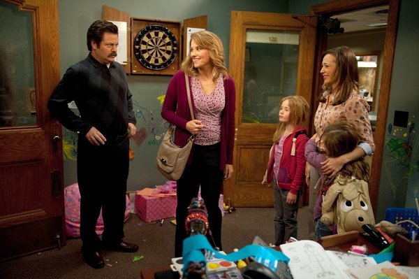 Still of Lucy Lawless, Rashida Jones and Nick Offerman in Parks and Recreation (2009)