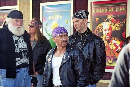 Photo from the biker film, THE HAPPY DANDELION with Ty Granderson Jones (center), and Lennie Loftin (right).