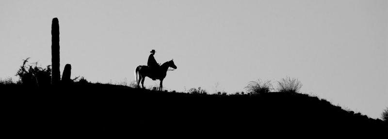 Greg Joseph in silhouette on horseback as The Soulless Gunfighter in 