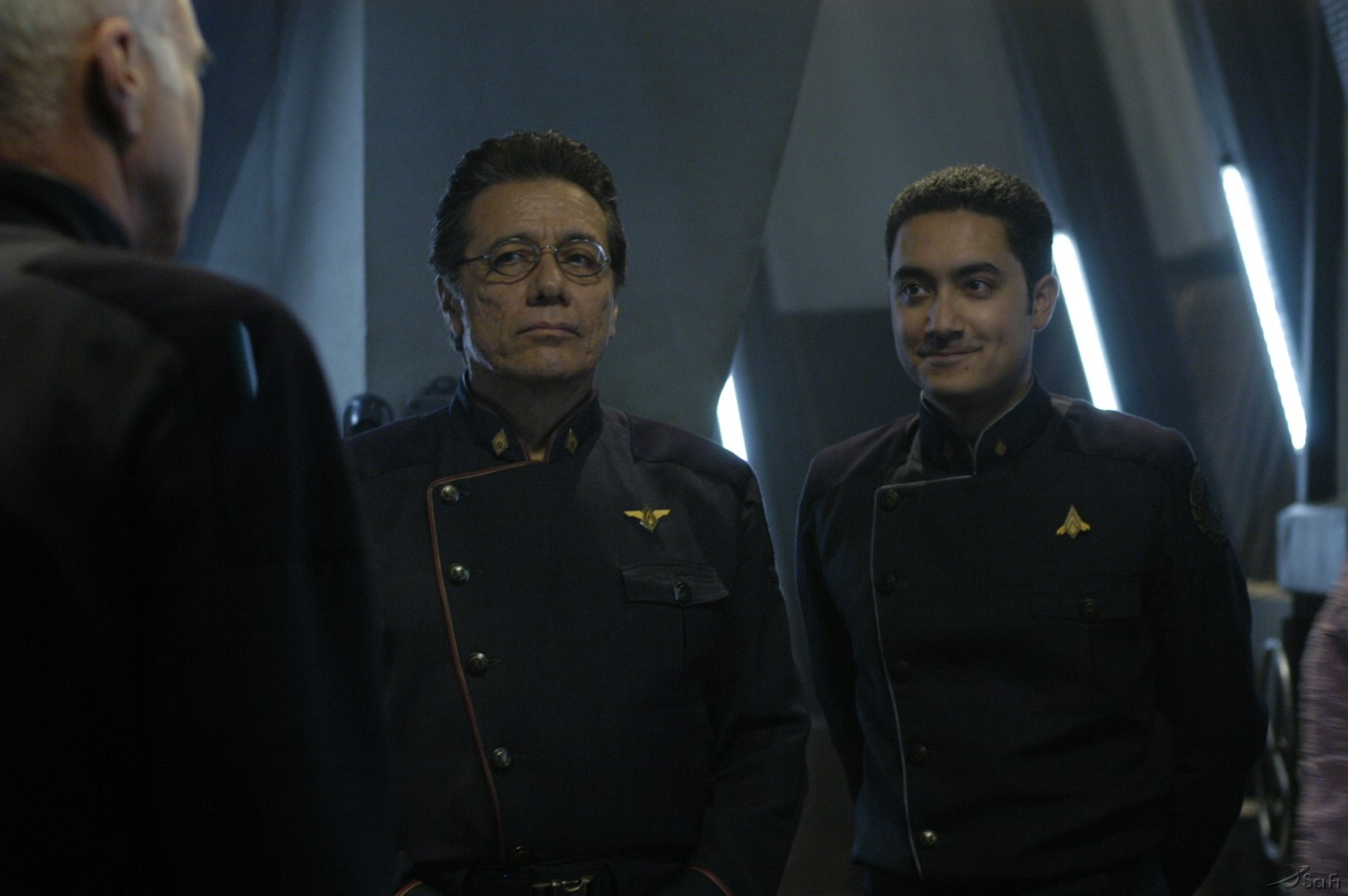 Edward James Olmos and Alessandro Juliani in Battlestar Galactica