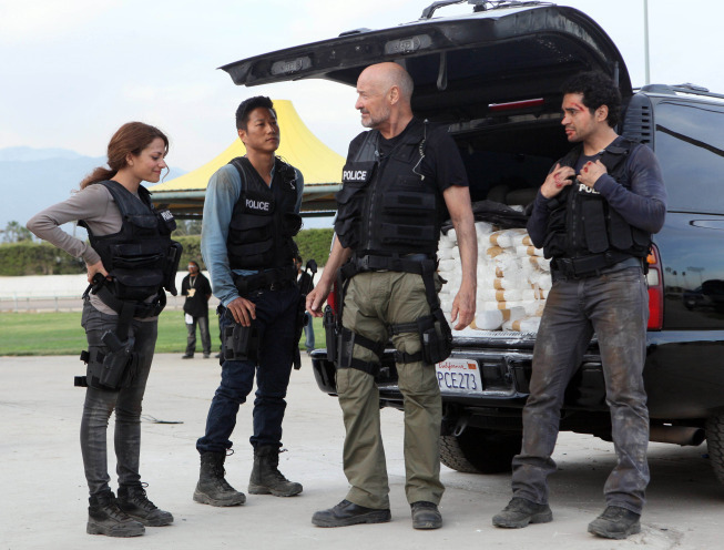 Still of Sung Kang, Terry O'Quinn, Ramon Rodriguez and Inbar Lavi in Gang Related (2014)