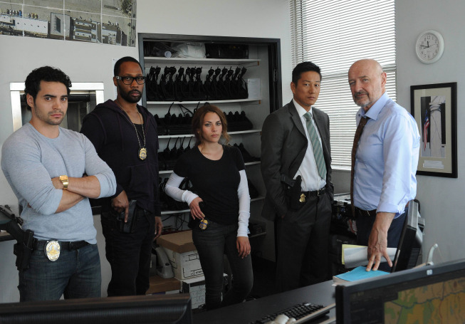 Still of Sung Kang, Terry O'Quinn, RZA, Ramon Rodriguez and Inbar Lavi in Gang Related (2014)