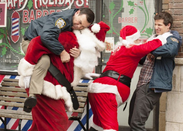 Joe Lo Truglio & stuntman Mikal Kartvedt w/ Andy Samburg on the set of Brooklyn Nine-Nine; Christmas S1, E11