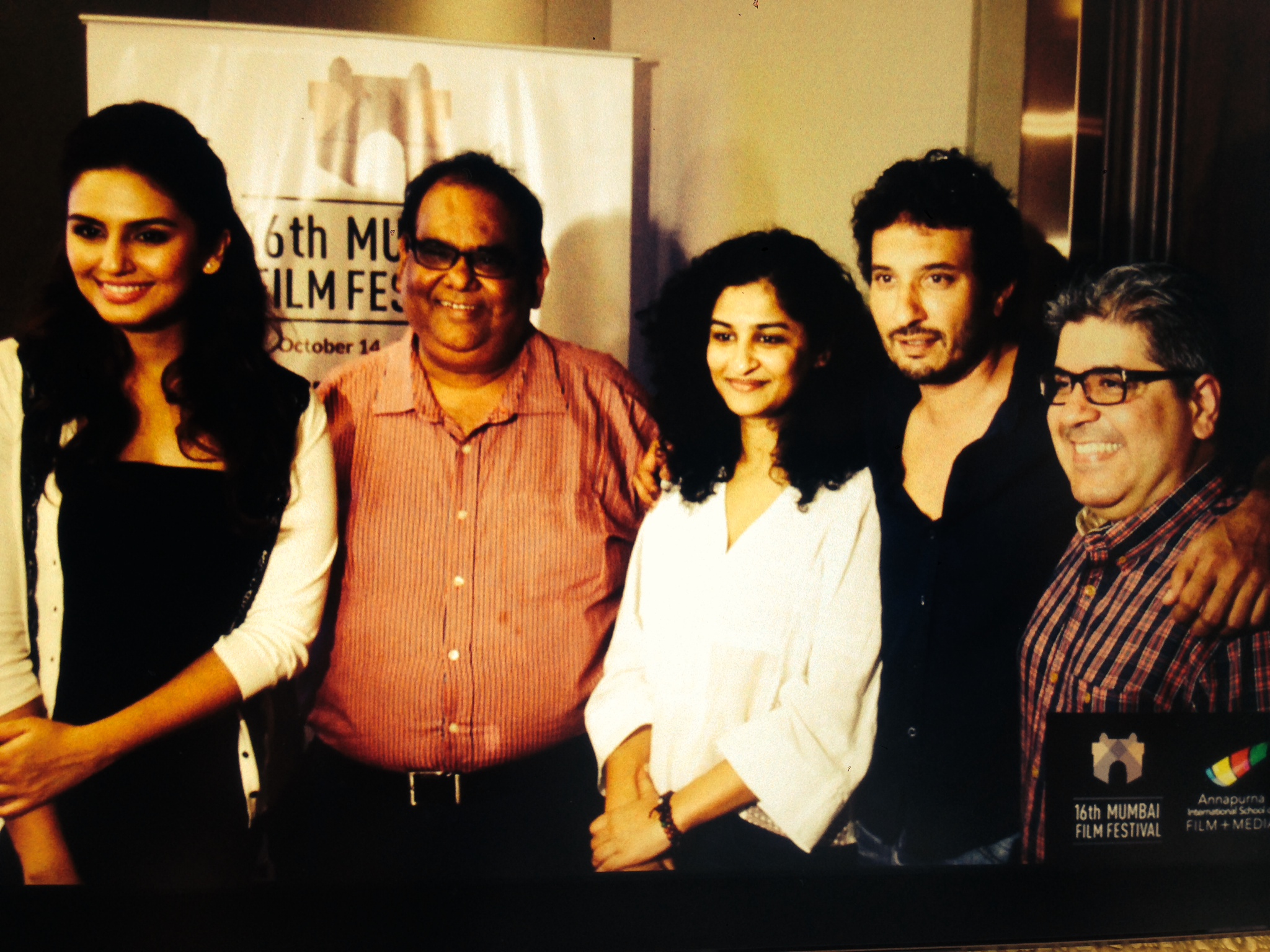 Jury picture of 16th Mumbai Film Festival 2014 for Dimensions a competitive short film section in the festival with Actors Huma quereshi,Jury president Satish Kaushik,Film maker Gauri Shinde,Film maker Homi Adajania and well known film critic Rajeev M
