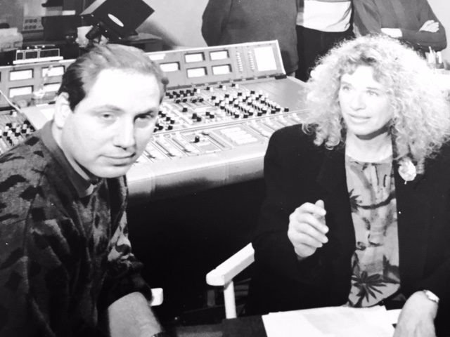 Wayne Keeley with Carole King in studio working on narration and music for documentary, 