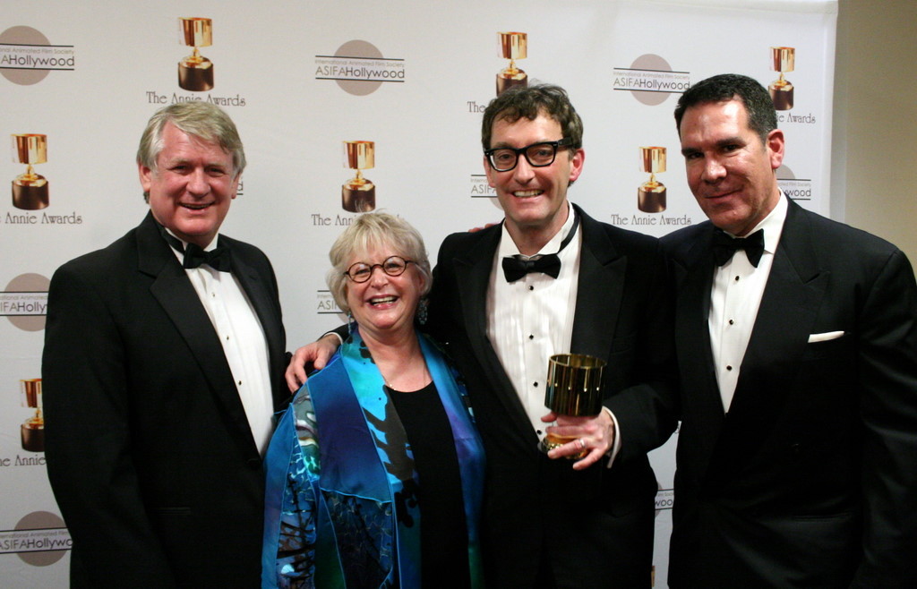 TV voice actor winner Tom Kenny with presenters Bill Farmer, Russi Taylor, and Tony Anselmo (voices of Goofy, Minnie Mouse, and Donald Duck)