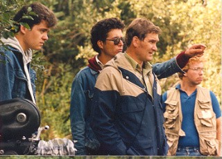 David Winning, Michael Kevis (assistant director), Tim Hollings (director of photography) and Stan Edmonds (make-up artist) setting up a truck crash sequence for 