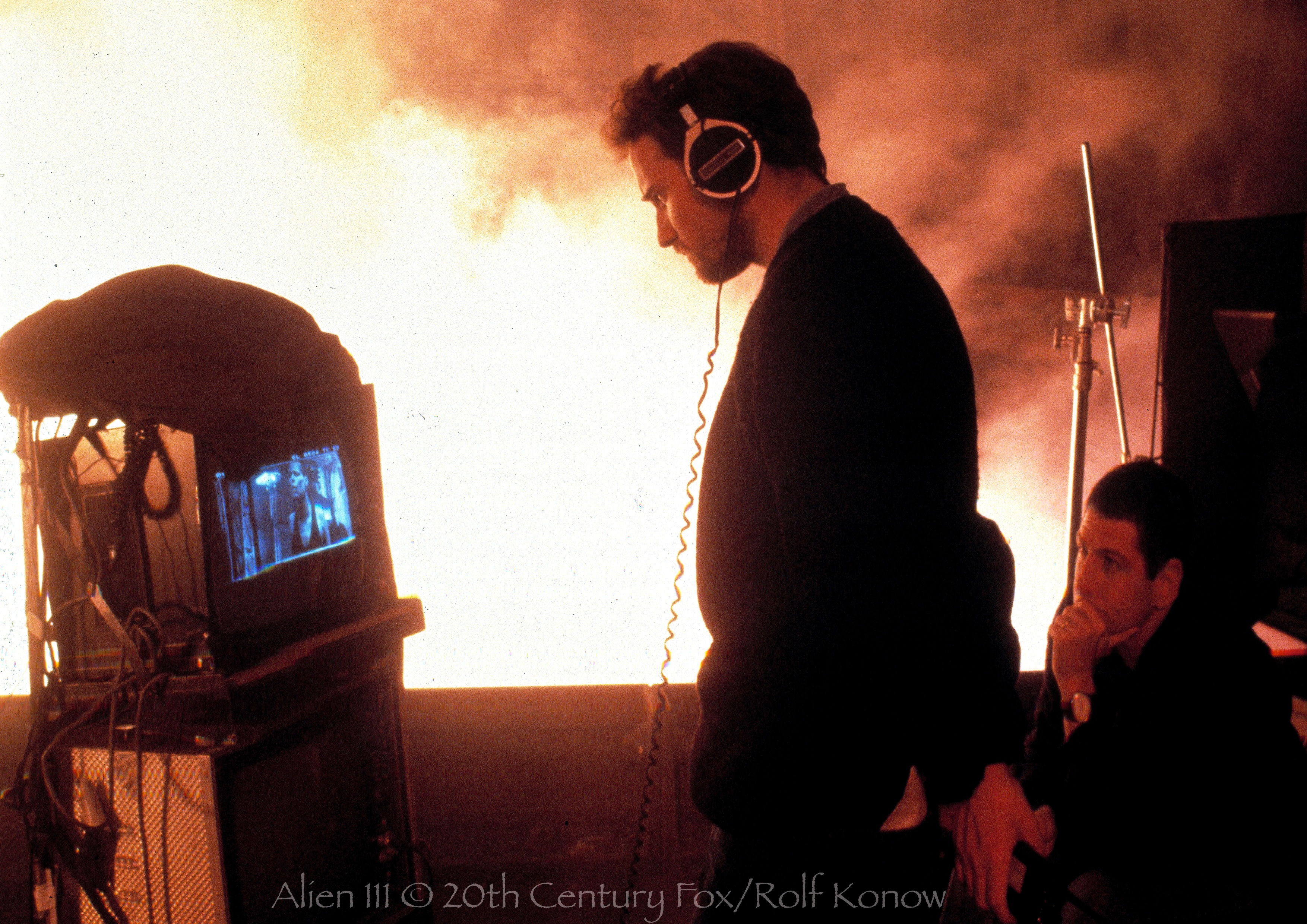 Special Photography Aliens III. 1992. the Director Davis Fincher watching Sigourney Weaver on the monitor