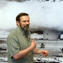 Pete in front of Crossroads Baker bomb photo from 1946.