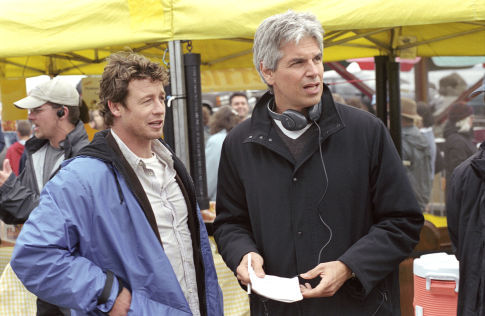 Star SIMON BAKER (left) and producer WALTER F. PARKES on the set of DreamWorks Pictures' horror thriller THE RING TWO.