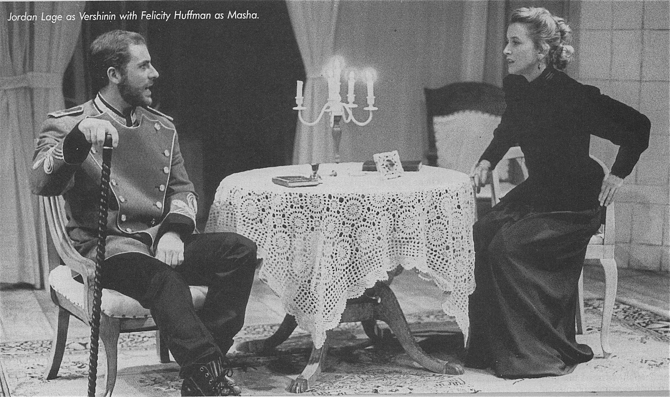 Jordan Lage & Felicity Huffman in Anton Chekhov's THREE SISTERS adapted by David Mamet, directed by William H. Macy, Atlantic Theater Company, NYC (1991).