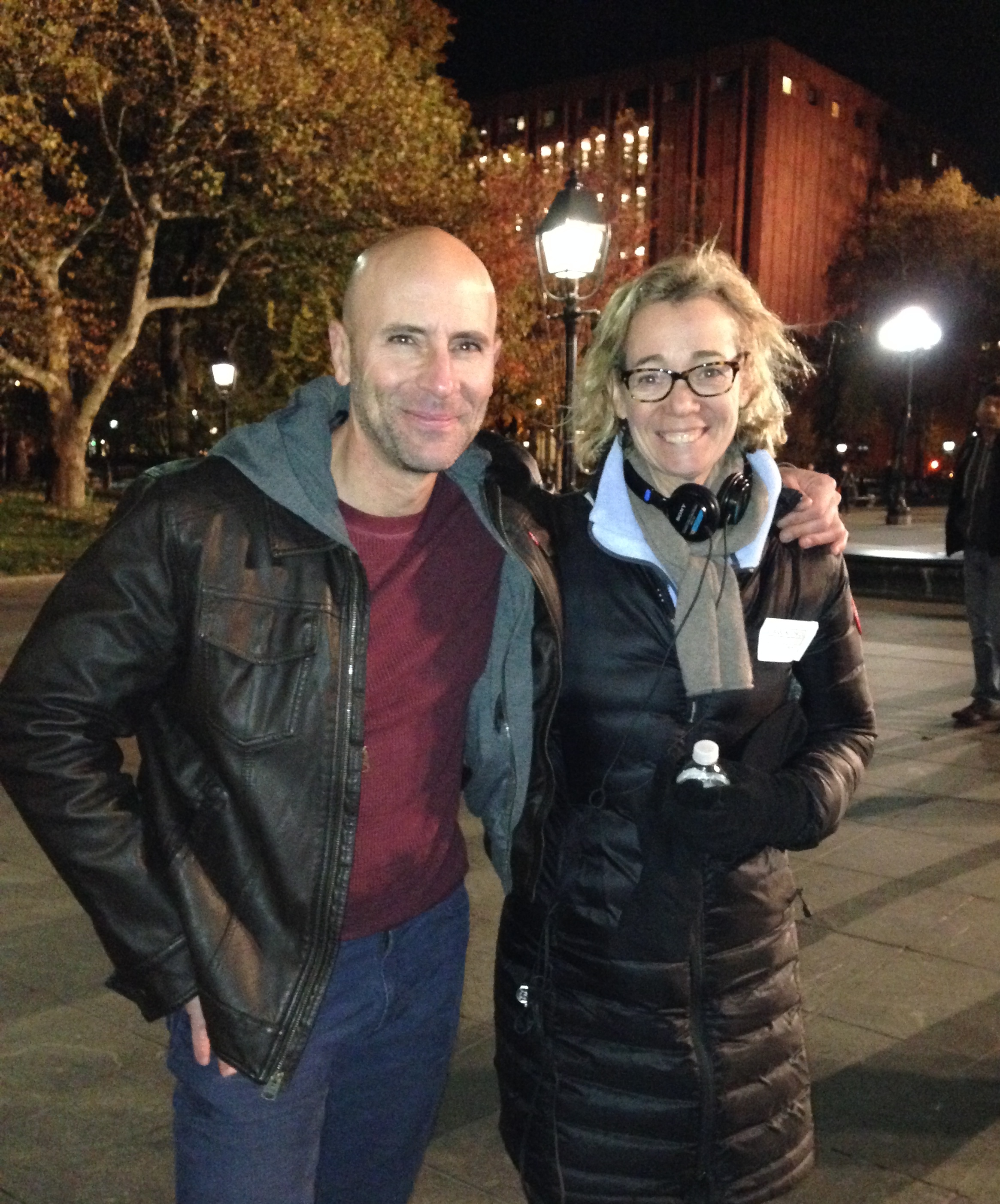 Jordan Lage on location with director Martha Mitchell in Washington Square Park for LAW & ORDER: SVU (2014).