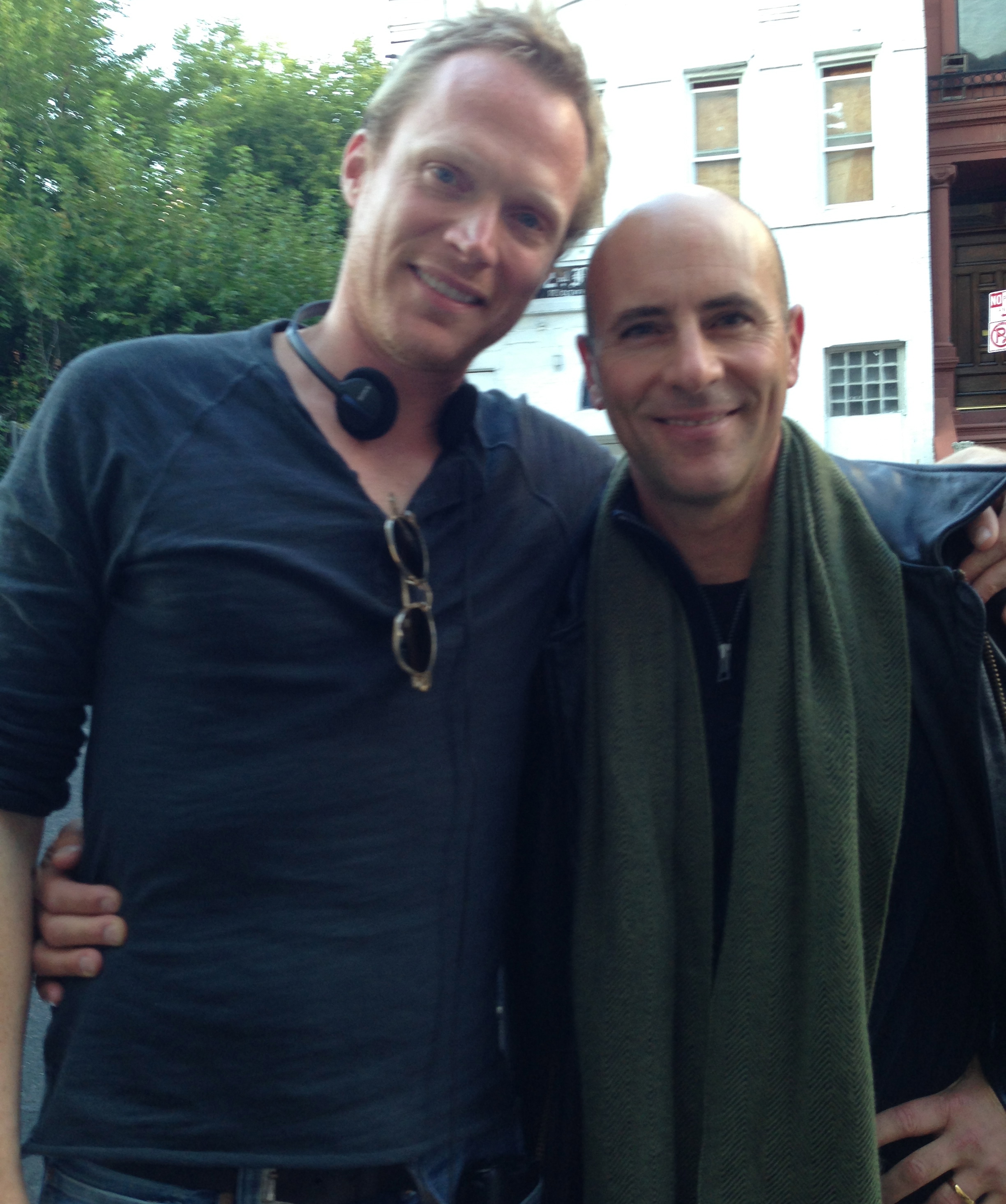 Writer/director Paul Bettany & Jordan Lage on set of SHELTER, Harlem, NYC (2013).