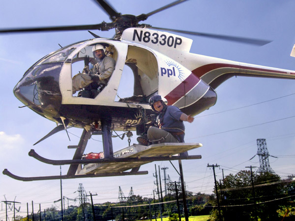 Dan Lantz shoots POV footage for a Modern Marvels episode on Powerline repair helicopters.