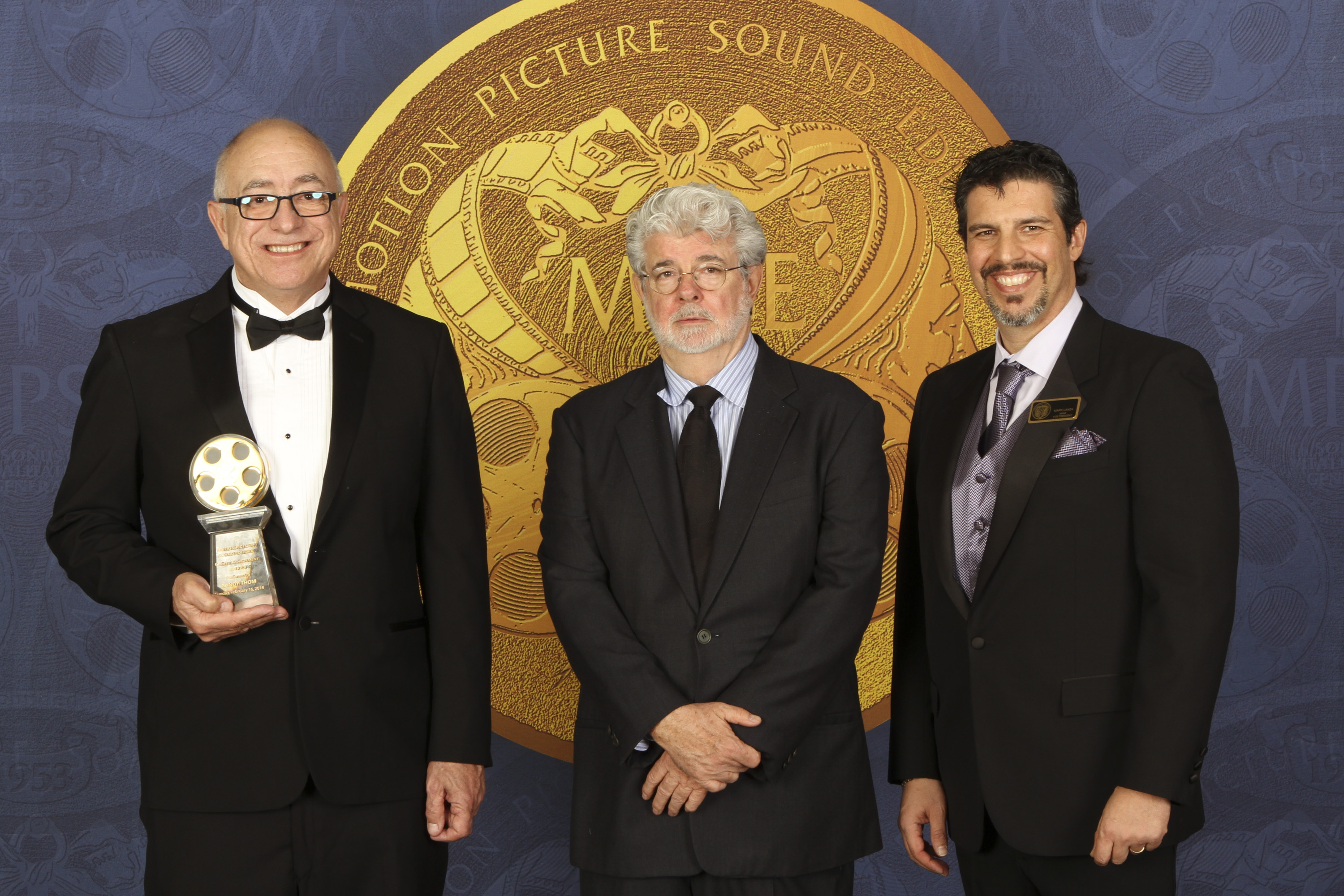 Randy Thom is presented his career achievement award, with George Lucas, and Mark Lanza at the 2013 Motion Picture Sound Editor's Awards.