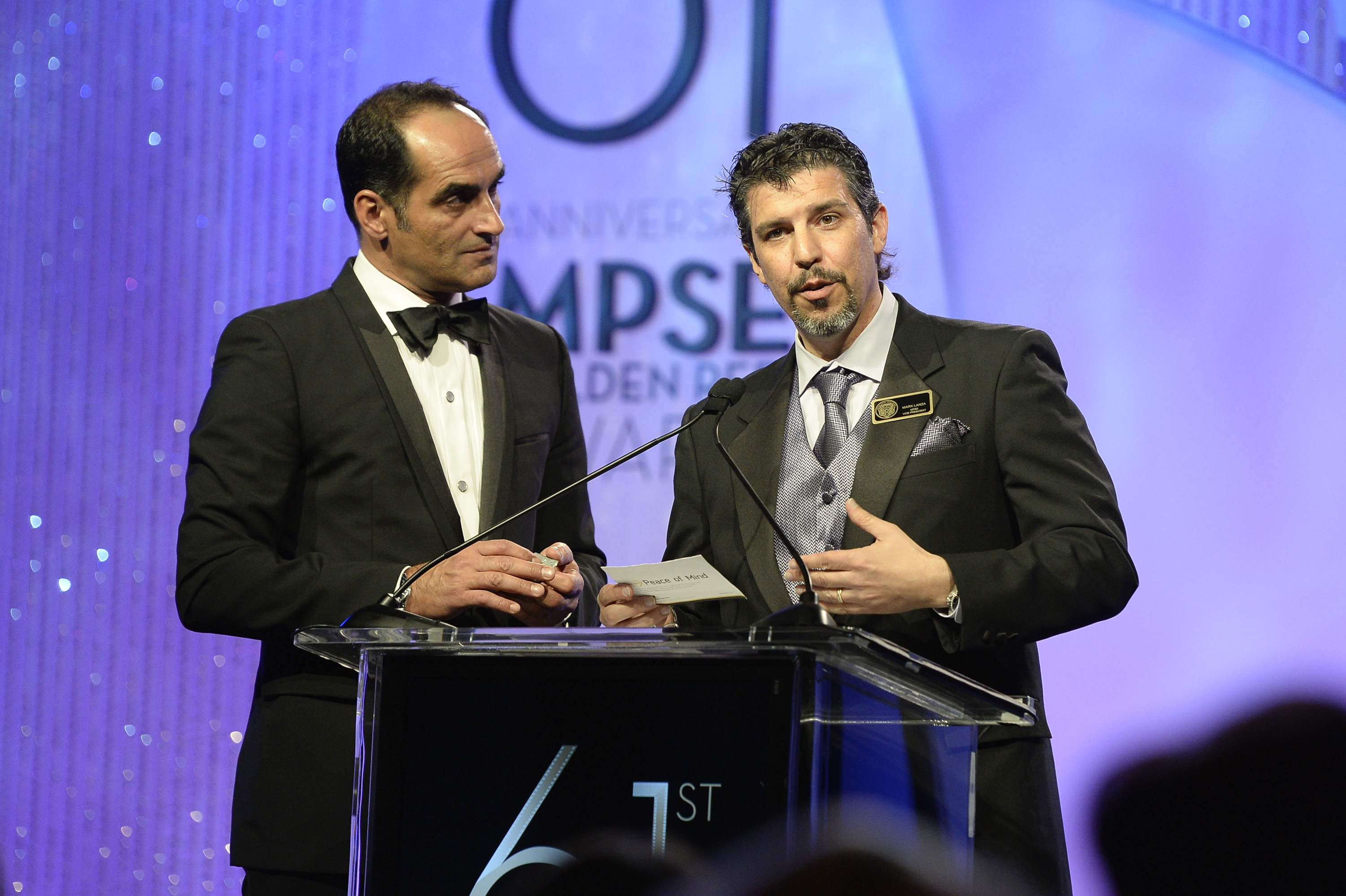 Navid Negahban (Homeland's infamous Abu Nazir) and Mark Lanza (MPSE Vice President) present an award at the 2013 Motion Picture Sound Editor Awards.