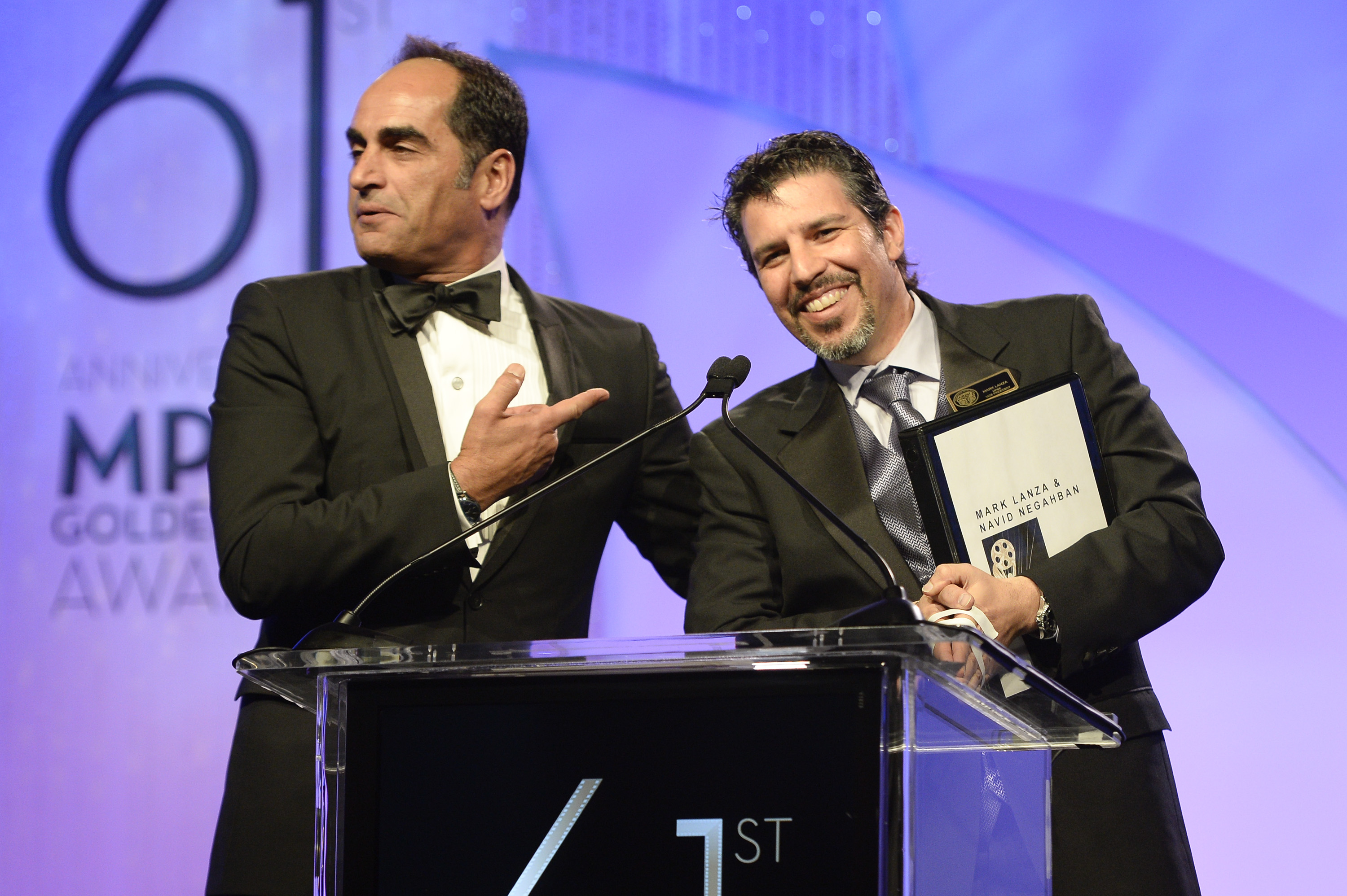 Navid Negahban (Homeland's infamous Abu Nazir) interrogates Mark Lanza at the 2013 Motion Picture Sound Editor Awards.