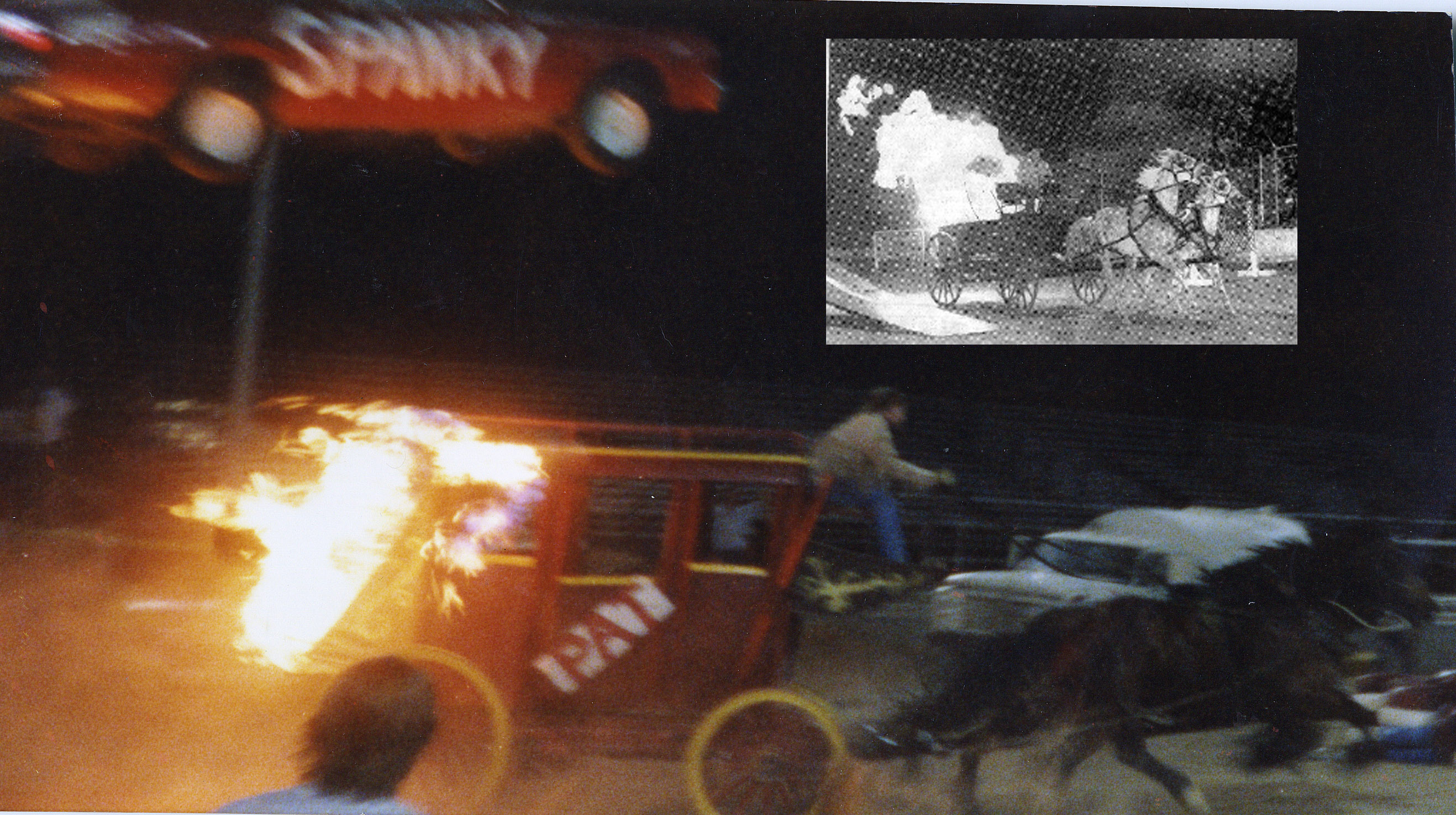 Spanky Spangler Jumps car over burning stagecoach, driven by Pat Larkin, For Worlds Greatest Stunts