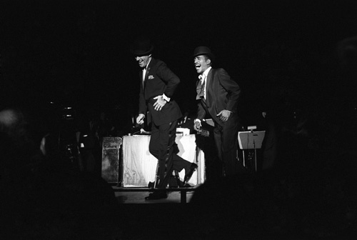 Peter Lawford and Sammy Davis Jr. performing at the Sands Hotel in Las Vegas