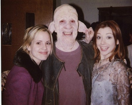 James C. Leary with Alyson Hannigan and Emma Caulfield on the set of Buffy.